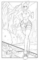 drawing comic monochrome large_breasts cleavage short_hair unknown_artist phone walking unaware shrunken_woman outdoors hanging_on panels