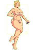 breasts drawing giantess blonde color large_breasts handheld barefoot cleavage bra skirt green_eyes short_hair muscles vehicles top ripped_clothing no_background makeshift_clothing