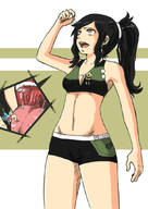drawing vore black_hair tongue handheld cleavage saliva ponytail unknown_artist shorts open_mouth no_background holding_over_mouth cutaway
