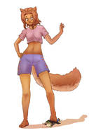 drawing tail clothed barefoot smiling fox_ears unknown_artist shorts looking_down dark_skin pinned under_foot top no_background