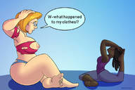 drawing growth blonde large_breasts glasses short_hair mini_giantess sitting looking_down yoga ripped_clothing no_background goattrain