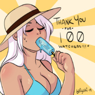 drawing giantess white_hair vore color long_hair popsicle summer_hat blue_bra