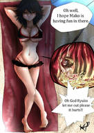 bikini drawing vore black_hair long_hair beach blood digestion gore lying_down closed_eyes dialogue internal_view kill_la_kill mako_mankanshoku ryuko_matoi cutaway maximumimpulse