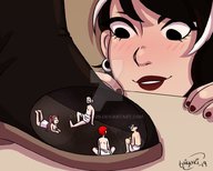 drawing blushing black_hair long_hair smiling in_shoe shrunken_woman shrunken_man looking_down steam catherine_the_titan taiyakkun mansquishers