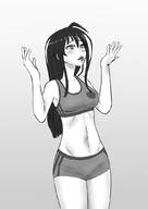 drawing vore blushing monochrome black_hair long_hair unknown_artist shorts sports_bra no_background