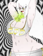 drawing white_hair long_hair huge_breasts angry sweat unknown_artist shrunken_man looking_down burp no_background hands_behind_head between_breasts