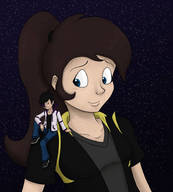 drawing clothed brunette smiling ponytail unknown_artist looking_down night outdoors on_shoulder