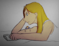 drawing long_hair blue_hair lying_down unknown_artist shrunken_man reading no_background