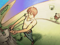 drawing giant male handheld jeans brunette short_hair unknown_artist houses outdoors top armband