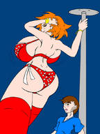 drawing blushing huge_breasts red_hair short_hair mini_giantess looking_back big_butt bracelet no_background stripper_pole