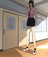 drawing black_hair long_hair skirt mini_giantess unknown_artist tie indoors