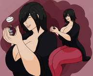 drawing giantess black_hair long_hair handheld huge_breasts knight smiling sitting looking_down closed_eyes thick_thighs no_background one_eye_covered