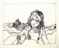drawing giantess monochrome long_hair looking_down mountains stairs outdoors convenient_censorship