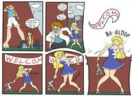drawing growth blonde comic long_hair clothed glasses brunette unknown_artist shrunken_man outdoors panels cramped
