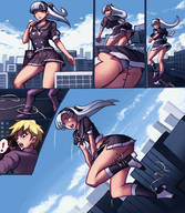drawing giantess white_hair color long_hair skirt buildings outdoors ripped_clothing shoelace gareit0