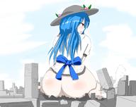 drawing giantess blushing mega long_hair destruction blue_hair unknown_artist sitting bottomless outdoors hat big_butt sweat_drop