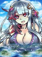 drawing giantess white_hair giga long_hair destruction cleavage wet huge_breasts lying_down embernaga hair_clip