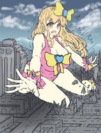 drawing giantess city mega blonde color destruction cleavage yellow_eyes falling bow hair_bow bare_legs emernaga