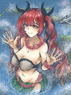 drawing giantess giga color long_hair cleavage bra ocean red_eyes red_hair airplane islands emernaga