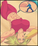 drawing micro large_breasts green_hair lying_down unknown_artist muscles dragon_ball unaware shrunken_man earrings cutaway kefla