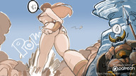 bikini drawing giantess long_hair destruction bandages angry brunette low_angle dwarf beard helmet skimpy_clothing cheun