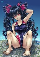drawing giantess giga city black_hair long_hair swimsuit destruction toes barefoot sitting twintails outdoors embernaga
