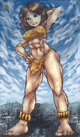 drawing giantess city barefoot brunette short_hair muscles looking_down outdoors cave_woman ankle_bracelet hand_on_hips leopard_print skimpy_clothing embernaga hair_clip cavewoman