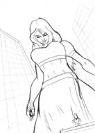 drawing city monochrome long_hair buildings gloves unknown_artist looking_down outdoors bare_midriff