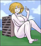 drawing nude blushing blonde buildings huge_breasts short_hair sitting outdoors curly_hair winking geoligar