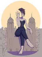 drawing giantess city black_hair barefoot short_hair sitting mask outdoors giantessnyx