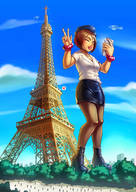 drawing gentle giantess mega color clothed skirt buildings helicopter brunette park boots unknown_artist nylons standing clouds outdoors red_lips necklace trees eiffel_tower source_needed leather_skirt selfie high_heel_boots peace_sign photographing