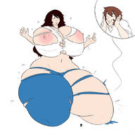 drawing growth giantess long_hair huge_breasts brunette sitting surprised ripped_clothing thick_thighs no_background owlizard