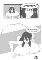 drawing comic monochrome black_hair long_hair huge_breasts lying_down unknown_artist looking_back dialogue panels cramped