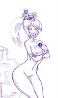 drawing giantess monochrome destruction ponytail unknown_artist no_background pointed_ears on_head between_breasts