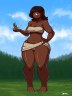 drawing panties upskirt black_hair long_hair handheld barefoot unknown_artist dark_skin outdoors thick_thighs skimpy_clothing pointed_ears cyclops makeshift_clothing