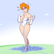 drawing giantess giga city large_breasts cleavage red_hair short_hair unknown_artist walking outdoors choker hair_bow thick_thighs heavy_eyeshadow