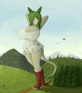 drawing giantess tail long_hair huge_breasts tree green_hair unknown_artist walking looking_down outdoors ripped_clothing frowning thick_thighs stirrups
