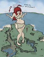 breasts drawing growth giantess color barefoot skirt ocean red_hair unknown_artist forest outdoors ahoge closed_eyes top dialogue skimpy_clothing makeshift_clothing