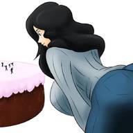 drawing giantess black_hair long_hair huge_breasts cake unknown_artist bending_over looking_down tinies waving no_background