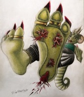 crush feet furry dragoness anthro dragon barefoot blood low_angle gore toe_ring skin no_background middle_finger
