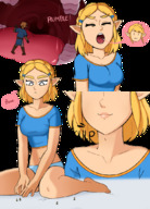 drawing vore blonde large_breasts barefoot underwear sitting looking_down swallowed tinies punish no_background pointed_ears yawning bare_midriff punishedmosquito princess_zelda_(the_legend_of_zelda)