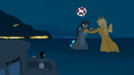 drawing vore tail blonde black_hair color long_hair ocean godzilla animation fighting boats night kaiju king_ghidorah bloat_stomach lewdlemage