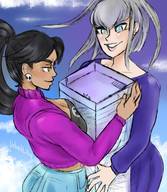 drawing giantess white_hair black_hair large_breasts long_hair destruction buildings giantesses hugging dark_skin outdoors earrings velvetlily lcavage