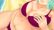 bikini drawing color beach cleavage blue_hair sweat giantesses hanging_on dangobango