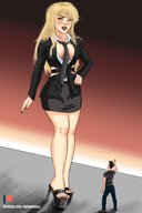 drawing blonde large_breasts long_hair cleavage high_heels mini_giantess ripped_clothing no_background open_toe kasumikills