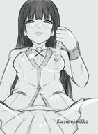 drawing blushing monochrome black_hair long_hair clothed skirt sitting shrunken_man looking_down upside_down no_background kasumikills