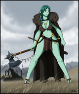 drawing gentle giantess color cleavage bra green_hair blazbaros axe on_shoulder green_skin loincloth