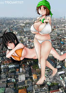bikini drawing giantess collage city mega black_hair color destruction barefoot cleavage huge_breasts brunette brown_eyes lying_down giantesses looking_at_viewer trickartist