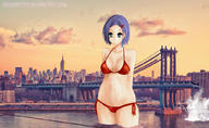 bikini drawing giantess collage city destruction purple_hair short_hair outdoors trickartist