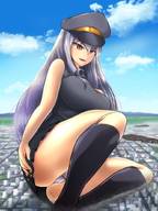 drawing giantess white_hair panties giga city upskirt long_hair clothed huge_breasts unknown_artist sitting outdoors thick_thighs